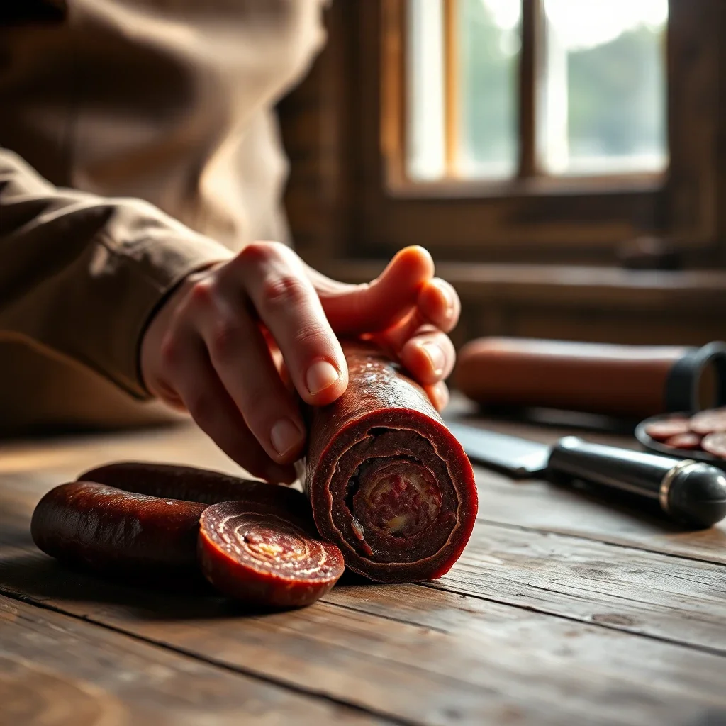 Artisan hands inspecting a traditional dry sausage on a rustic wooden table, highlighting the natural texture and craftsmansh
