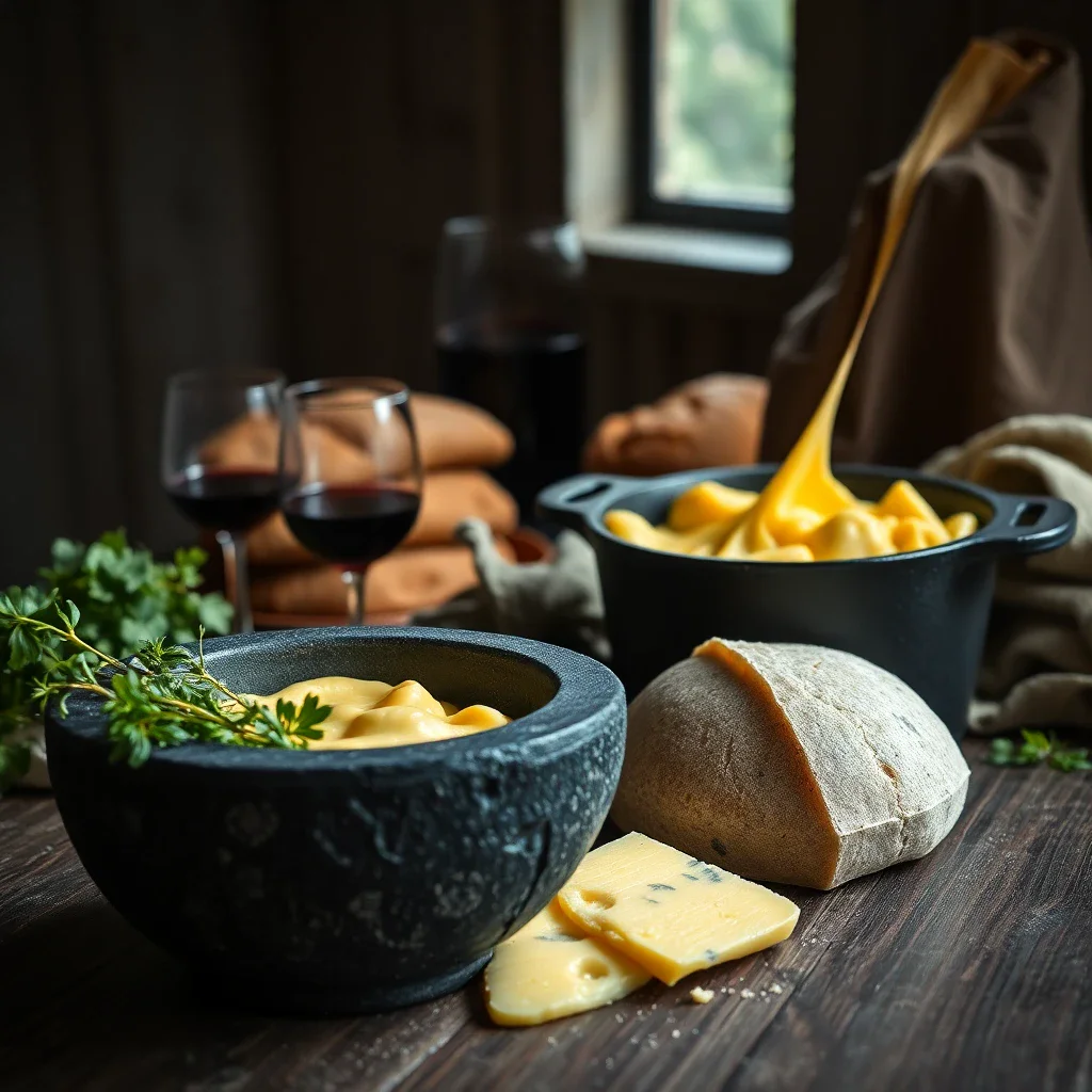 Rustic still life of traditional Auvergne cuisine featuring aligot, Fourme d'Ambert cheese, cured ham, and volcanic stone, ba