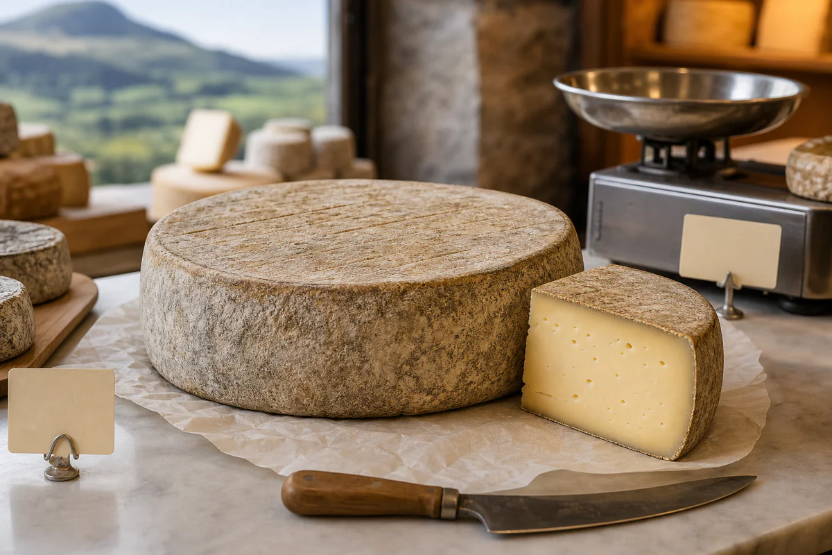 Saint-Nectaire cheese wheel and wedge on a market counter with a scale and blank price tags, suggesting price comparison.