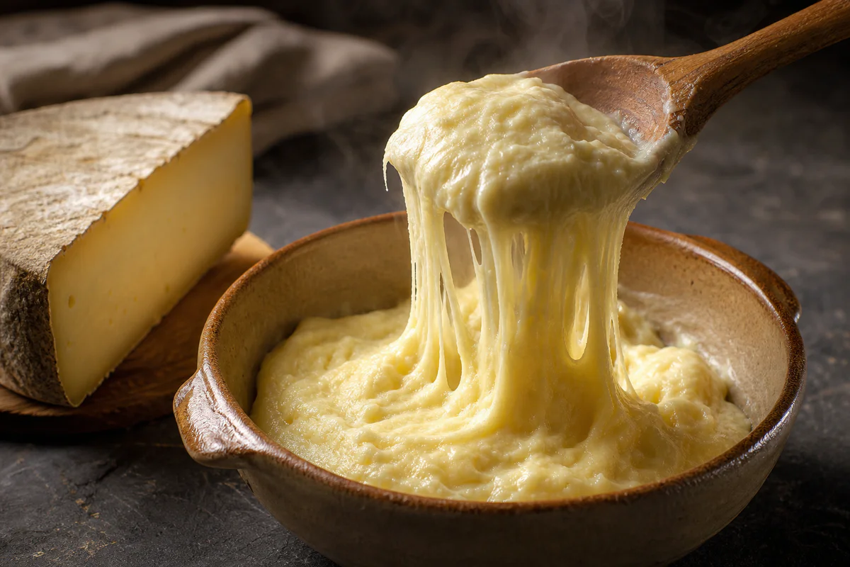 Creamy aligot with tomme de Savoie stretching in long cheese strands from a rustic serving dish.