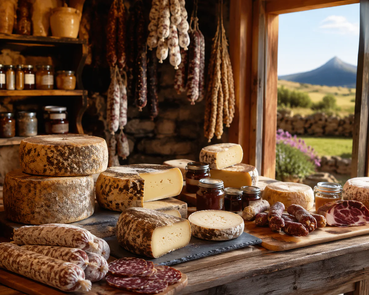 Wooden counter display of artisanal Auvergne cheeses, charcuterie, and regional delicacies in a rustic farm boutique interior