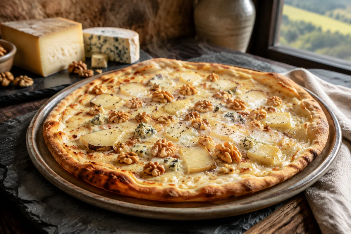 Pizza auvergnate maison à pâte fine garnie de tomme de l’Aubrac, de bleu d’Auvergne, de Cantal et de noix