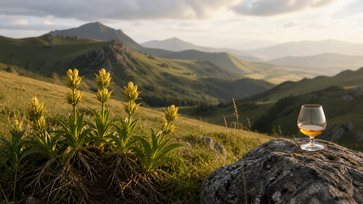 Yellow gentian flowers and roots beside a glass of amber liqueur in an Auvergne mountain meadow.