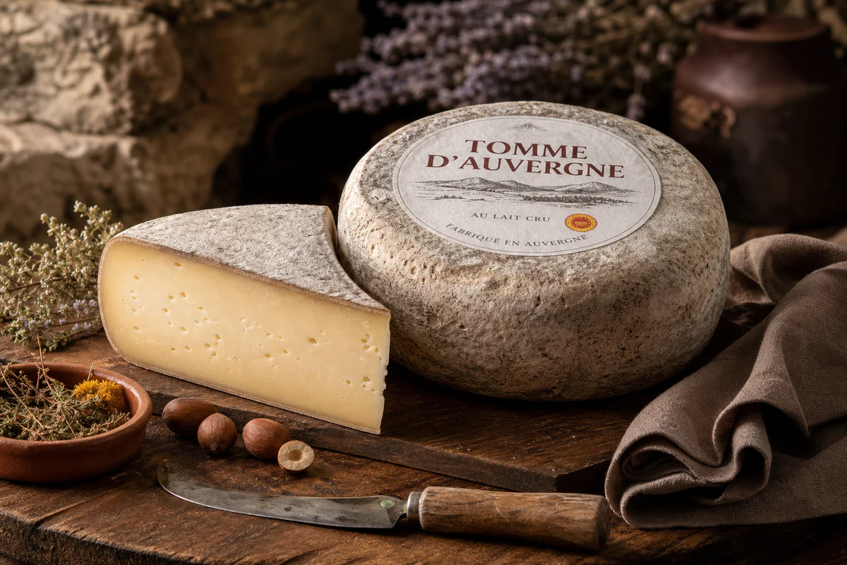 A whole Tomme d'Auvergne cheese wheel with a cut wedge showing the ivory paste, presented on a rustic wooden board with herbs