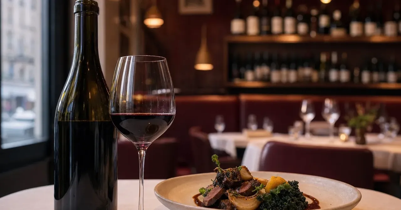 Bouteille de vin rouge et plat français raffiné au restaurant