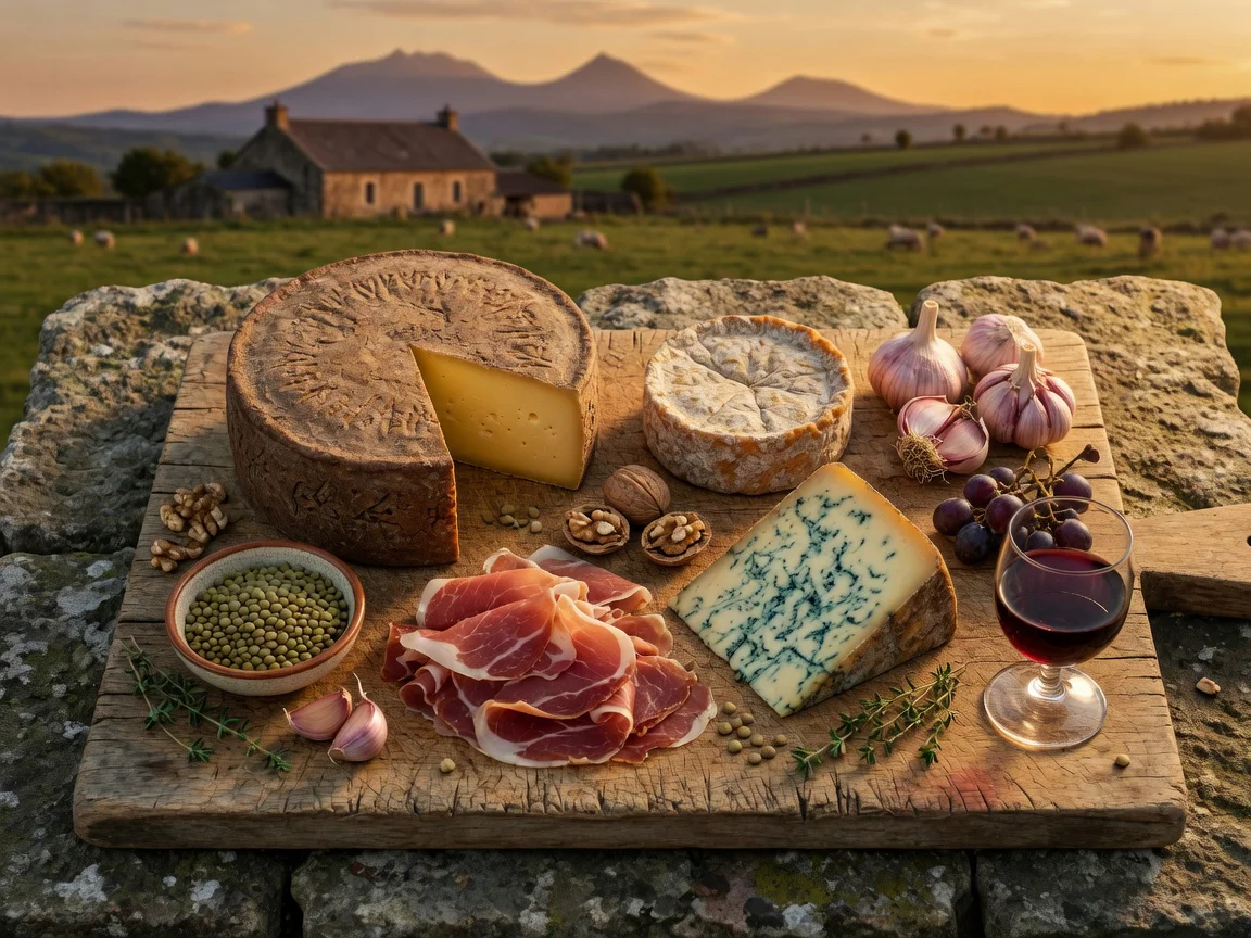Artful arrangement of traditional Auvergne regional products including Cantal cheese, Saint-Nectaire, Bleu d'Auvergne, dry-cu
