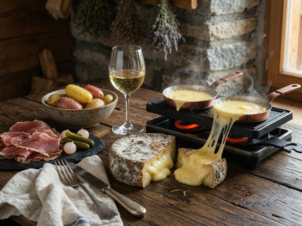 Raclette preparation featuring half a wheel of Saint-Nectaire cheese from Auvergne alongside a traditional raclette grill wit