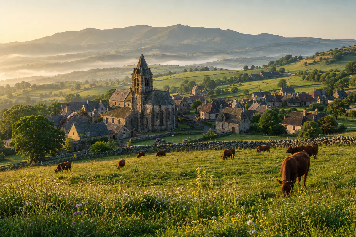 Panoramic view of Saint-Bonnet-de-Salers village in the Cantal mountains of Auvergne, France, showing a traditional stone chu